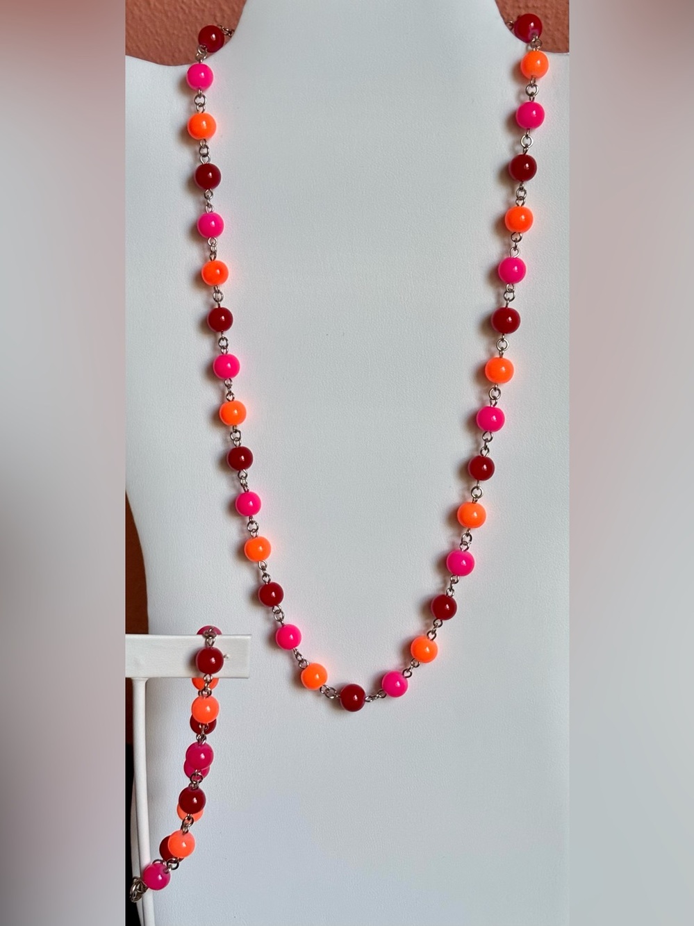 Colorful Beaded Necklace and Earring Set - Pink, Orange, Red